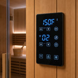 Touchscreen control panel of the Revive 4 Person Traditional Sauna showing 150°F, a timer setting and music controls
