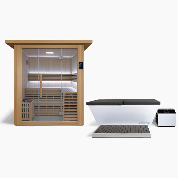 Revive 4 Person Traditional Sauna and Revive Acrylic Plunge side by side: the sauna with its full glass front and glass door, touchscreen control panel, L-shaped two-tier benches, LED lighting, bucket and ladle and the heater behind a wooden guard, and the white acrylic tub with its spa cover on and its chiller beside it, shown with the optional Acrylic Basin in front