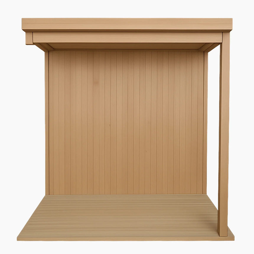 Revive 4 Person Traditional Sauna Deck Extension on its own, with its roof, paneled back wall, wood floor and corner post; the Revive 4 Person Traditional Sauna it attaches to is sold separately