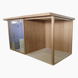 Revive 4 Person Traditional Sauna Deck Extension attached to the right side of the Revive 4 Person Traditional Sauna, sold separately, with one roof over the sauna's glass front and the covered deck's paneled back wall, slatted wood floor and corner post