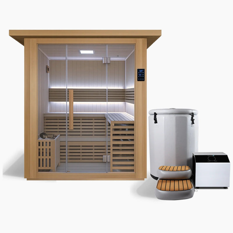 Revive 4 Person Traditional Sauna and Revive Inflatable Barrel Plunge side by side: the sauna with its full glass front and glass door, touchscreen control panel, L-shaped two-tier benches, LED lighting, bucket and ladle and the heater behind a wooden guard, and the barrel with its cover strapped on, its inflatable step in front and its chiller beside it