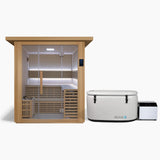 Revive 4 Person Traditional Sauna and Revive Inflatable Plunge side by side: the sauna with its full glass front and glass door, touchscreen control panel, L-shaped two-tier benches, LED lighting, bucket and ladle and the heater behind a wooden guard, and the inflatable tub with its cover strapped on and its chiller beside it