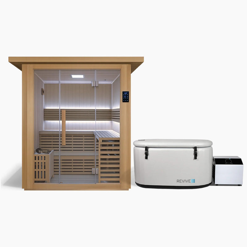 Revive 4 Person Traditional Sauna and Revive Inflatable Plunge side by side: the sauna with its full glass front and glass door, touchscreen control panel, L-shaped two-tier benches, LED lighting, bucket and ladle and the heater behind a wooden guard, and the inflatable tub with its cover strapped on and its chiller beside it