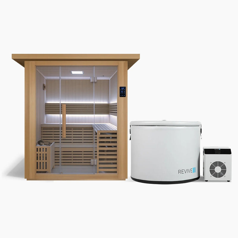 Revive 4 Person Traditional Sauna and Revive Inflatable Pod Plunge side by side: the sauna with its full glass front and glass door, touchscreen control panel, L-shaped two-tier benches, LED lighting, bucket and ladle and the heater behind a wooden guard, and the round white pod tub with its cover strapped on and its 0.3 HP chiller beside it