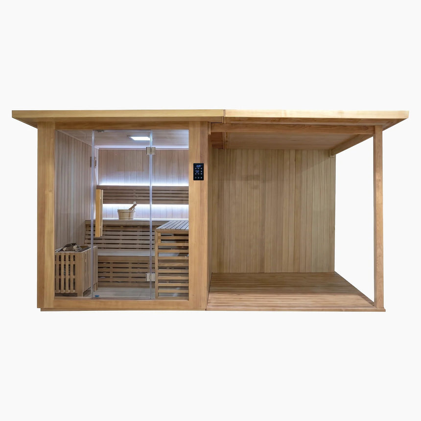Front view of the Revive 4 Person Traditional Sauna with Extension Kit, with the sauna's glass front, touchscreen control panel and LED-lit benches on the left and the covered deck with its back wall, wood floor and corner post on the right