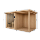 Dimension drawing of the Revive 4 Person Traditional Sauna with Extension Kit labeling a 155 in. overall length, 83.03 in. depth, 145.1 in. base length and 74.71 in. deck width