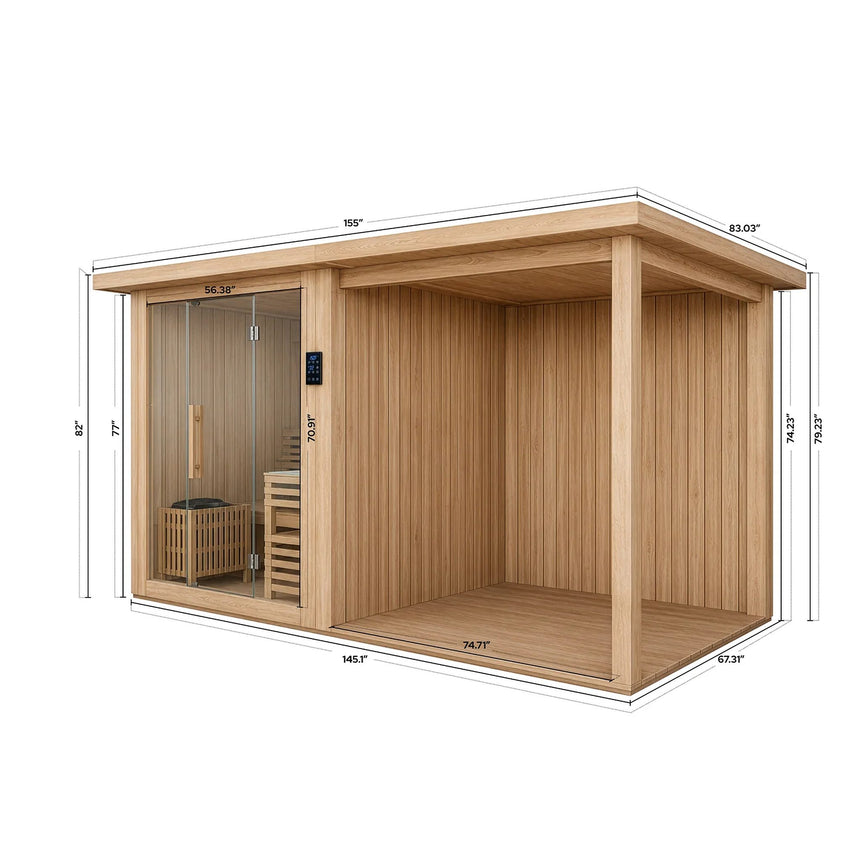 Dimension drawing of the Revive 4 Person Traditional Sauna with Extension Kit labeling a 155 in. overall length, 83.03 in. depth, 145.1 in. base length and 74.71 in. deck width