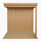 Covered deck section of the Revive 4 Person Traditional Sauna with Extension Kit shown on its own, with its roof, back wall, wood floor and corner post