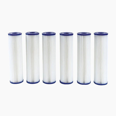 Revive 6-Pack Of Filters: six pleated cartridge filters with blue end caps, shown for the 5-micron and 20-micron options