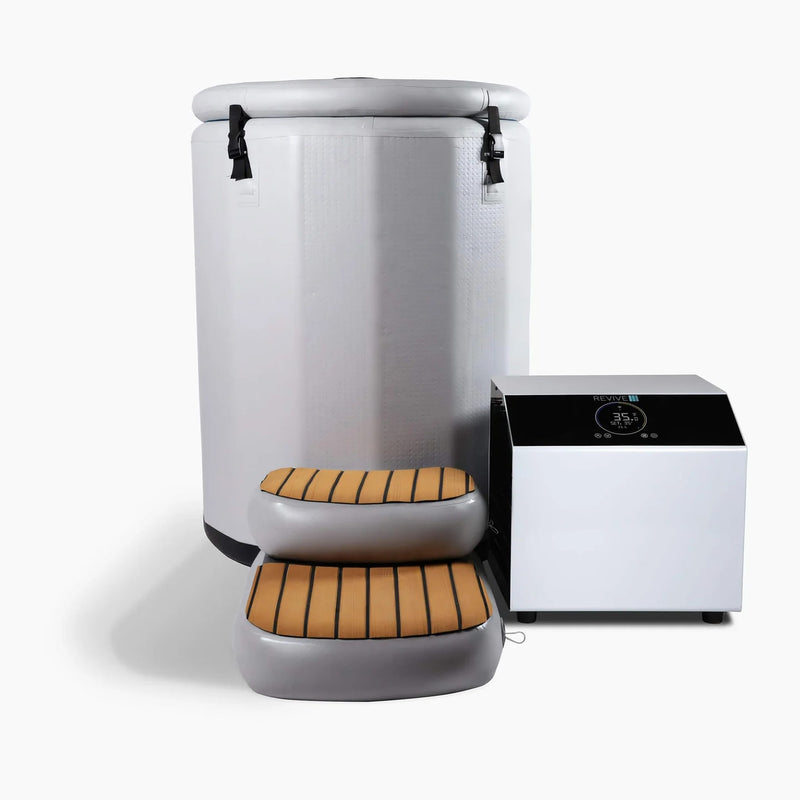 Revive Inflatable Barrel Plunge with insulated cover, inflatable step and external chiller