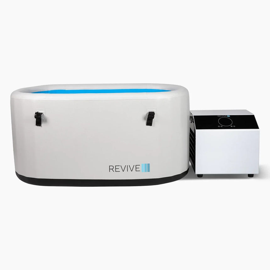 Revive Inflatable Plunge open to show the blue tub interior, with its chiller alongside