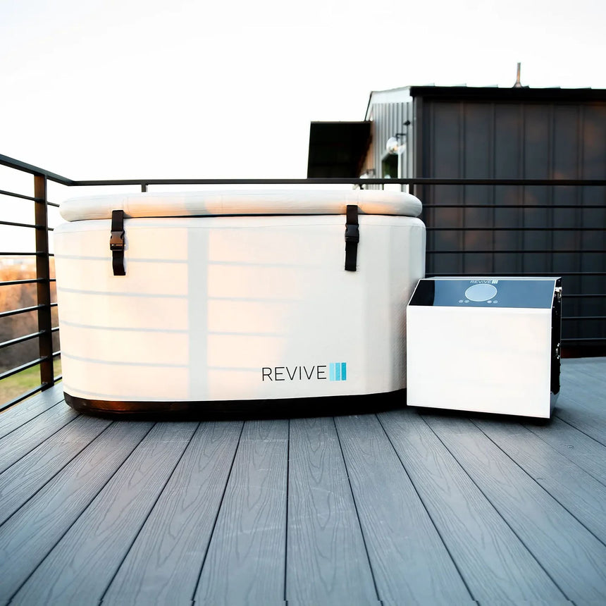 Revive Inflatable Plunge and chiller set up on an outdoor deck