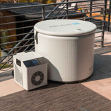 Revive Inflatable Pod Plunge with insulated cover and chiller on an outdoor terrace