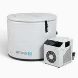 Revive Inflatable Pod Plunge with insulated cover and buckle strap beside its 0.3 HP chiller