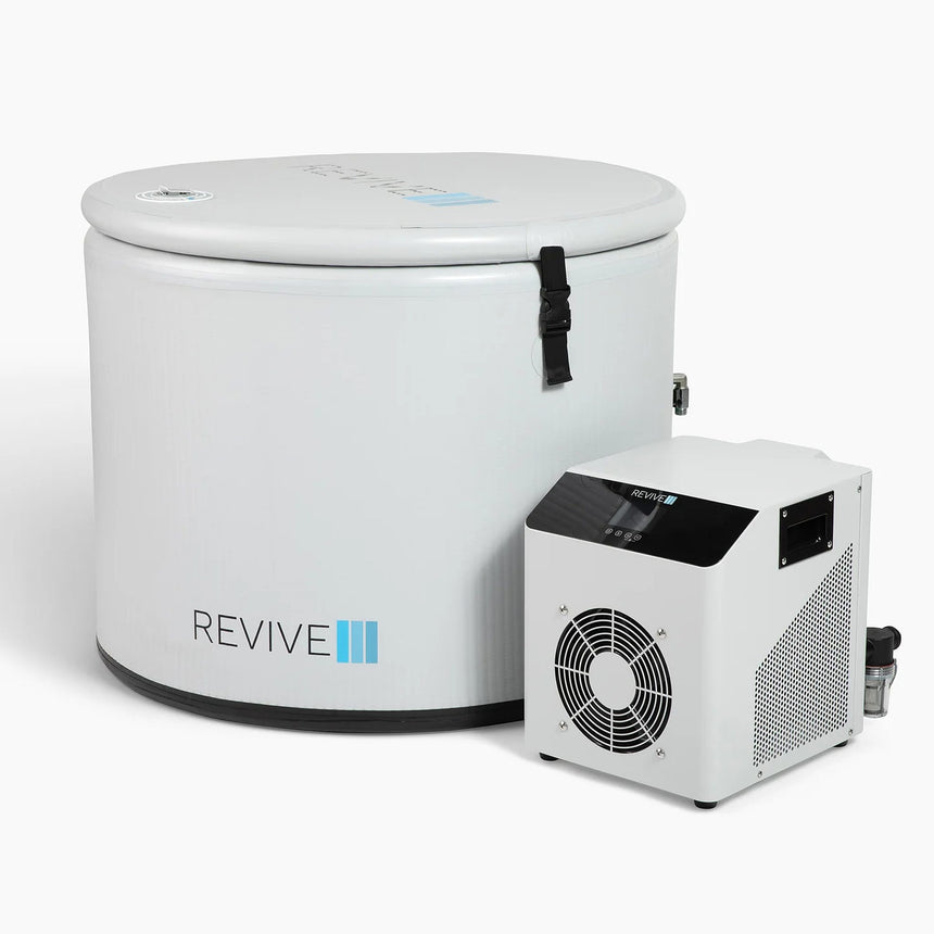 Revive Inflatable Pod Plunge with insulated cover and buckle strap beside its 0.3 HP chiller