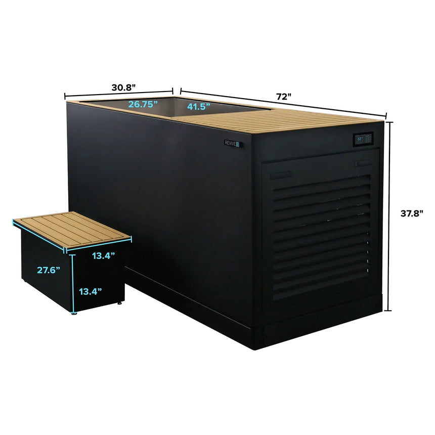 Revive Luxury Plunge dimensions: 72 x 30.8 x 37.8 in, 41.5 x 26.75 in tub opening and 27.6 x 13.4 x 13.4 in step