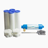 Revive Starter Kit with four pleated cartridge filters with blue end caps (shown for the 5-micron and 20-micron options), four scum sponges, a blue inline garden hose filter, a brass-colored hose adaptor and a skimmer net