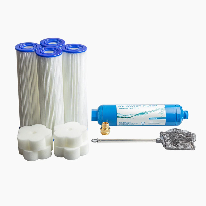 Revive Starter Kit with four pleated cartridge filters with blue end caps (shown for the 5-micron and 20-micron options), four scum sponges, a blue inline garden hose filter, a brass-colored hose adaptor and a skimmer net