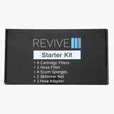 Revive Starter Kit box listing 4 cartridge filters, 1 hose filter, 4 scum sponges, 1 skimmer net and 1 hose adaptor