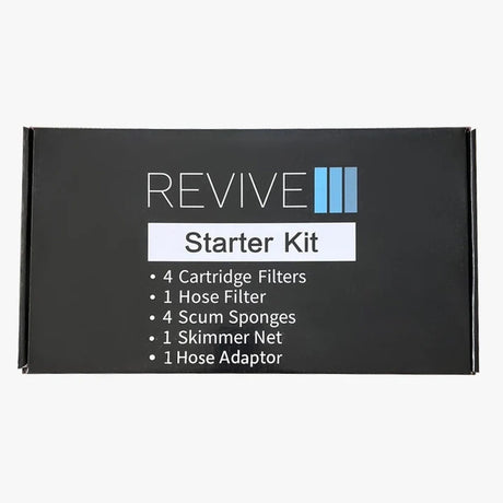 Revive Starter Kit box listing 4 cartridge filters, 1 hose filter, 4 scum sponges, 1 skimmer net and 1 hose adaptor