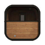 SaunaLife Model CL12GCP 8-person cube outdoor sauna rear view showing thermo-spruce wood paneling and ventilation system.