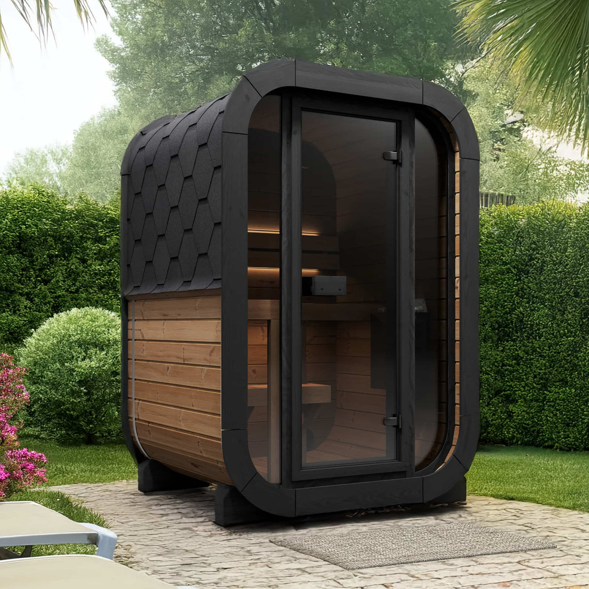 SaunaLife Model CL3G 2-person outdoor cube sauna with black hexagonal roof and natural wood panel in landscaped backyard setting.