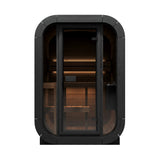 Front view of SaunaLife Model CL3G outdoor sauna with tempered glass door showing interior bench and lighting.