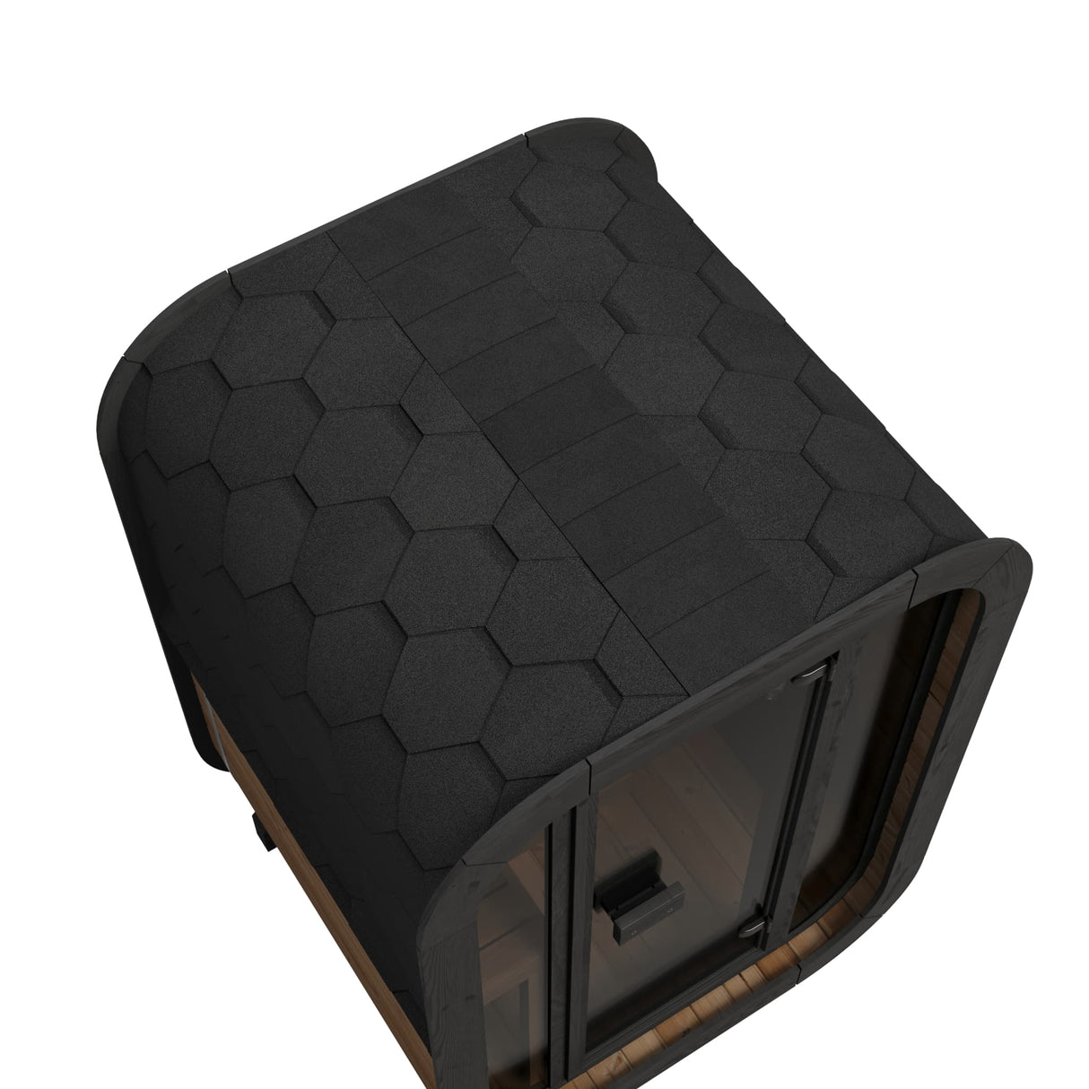 Aerial angle view of SaunaLife Model CL3G outdoor sauna showcasing distinctive black hexagonal roof pattern and glass door.