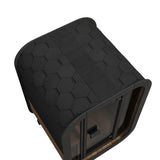 Aerial angle view of SaunaLife Model CL3G outdoor sauna showcasing distinctive black hexagonal roof pattern and glass door.