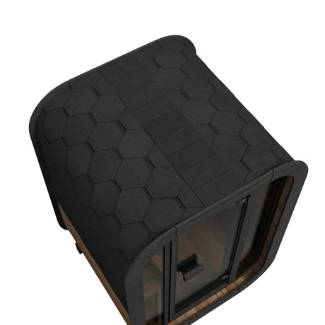 Aerial angle view of SaunaLife Model CL3G outdoor sauna showcasing distinctive black hexagonal roof pattern and glass door.