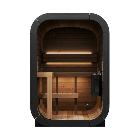 Interior view of SaunaLife CL3G 2-person sauna showing L-shaped bench seating, ambient lighting, and electric heater.