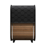Rear view of SaunaLife CL3G 2-person cube sauna displaying natural wood paneling and black hexagonal roof design.