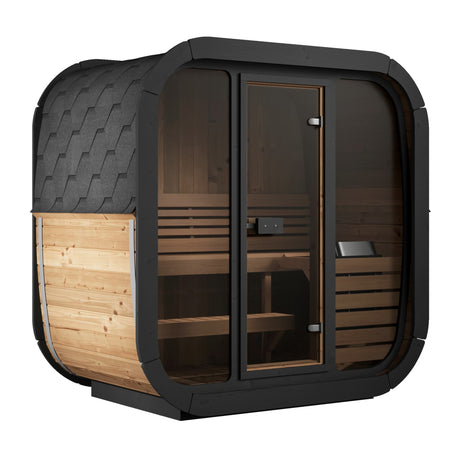Front exterior view of the SaunaLife CL4G Cube Outdoor Sauna with full tempered glass front door and black shingle roof.