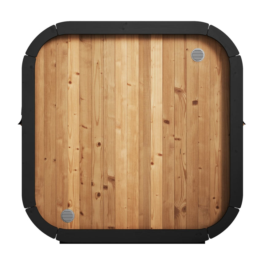 Exterior back wall of the CL4G Cube Sauna showing the Thermo-Spruce wood construction and dual ventilation ports.
