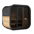 SaunaLife Model CL5G 4-person outdoor cube sauna with black hexagonal roof and natural wood paneling.