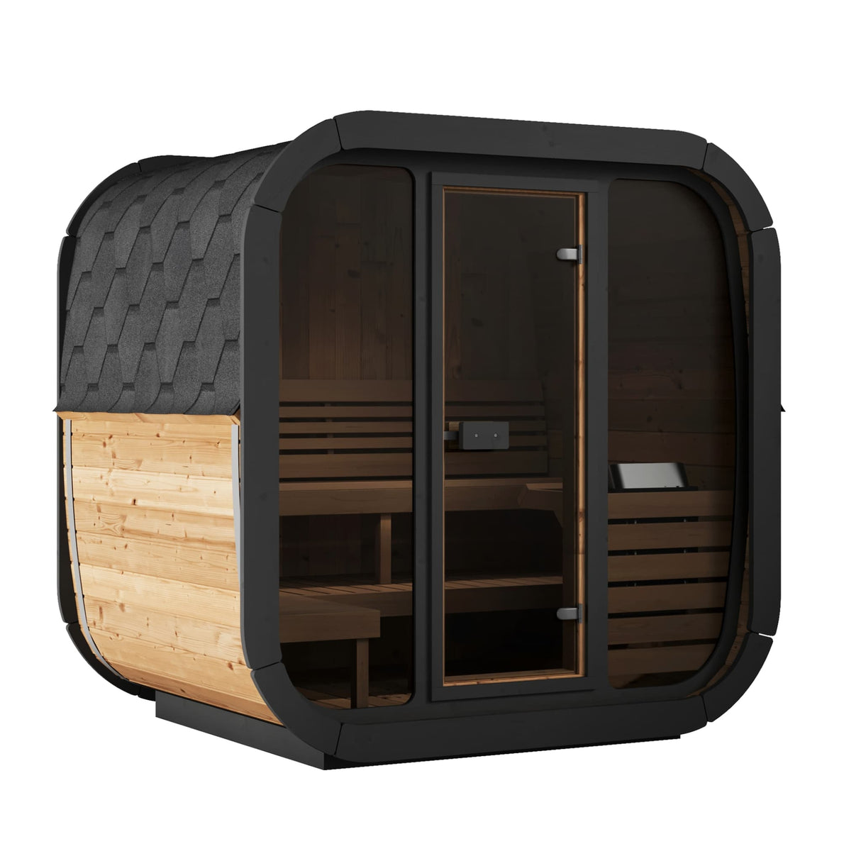 SaunaLife Model CL5G 4-person outdoor cube sauna with black hexagonal roof and natural wood paneling.