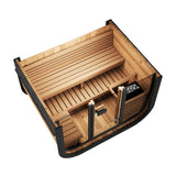 Aerial view of SaunaLife CL5G cube sauna interior showing L-shaped bench seating layout and electric heater for 4 people.