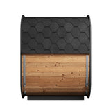 Rear view of SaunaLife Model CL5G cube sauna displaying natural wood construction and hexagonal black roof.