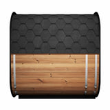 SaunaLife Model CL7G outdoor sauna back view featuring hexagonal shingled roof and thermo-spruce wood construction.