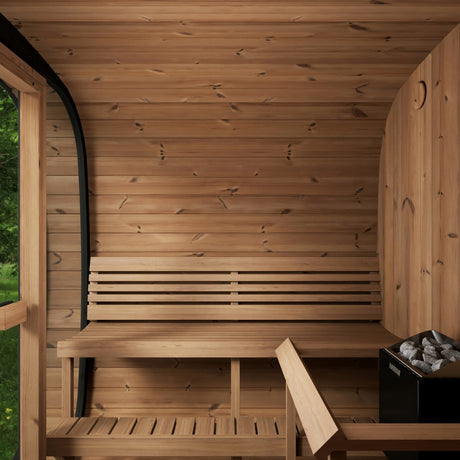 SaunaLife CL7G outdoor sauna interior featuring knotless thermo-aspen benches and ergonomic backrest design.