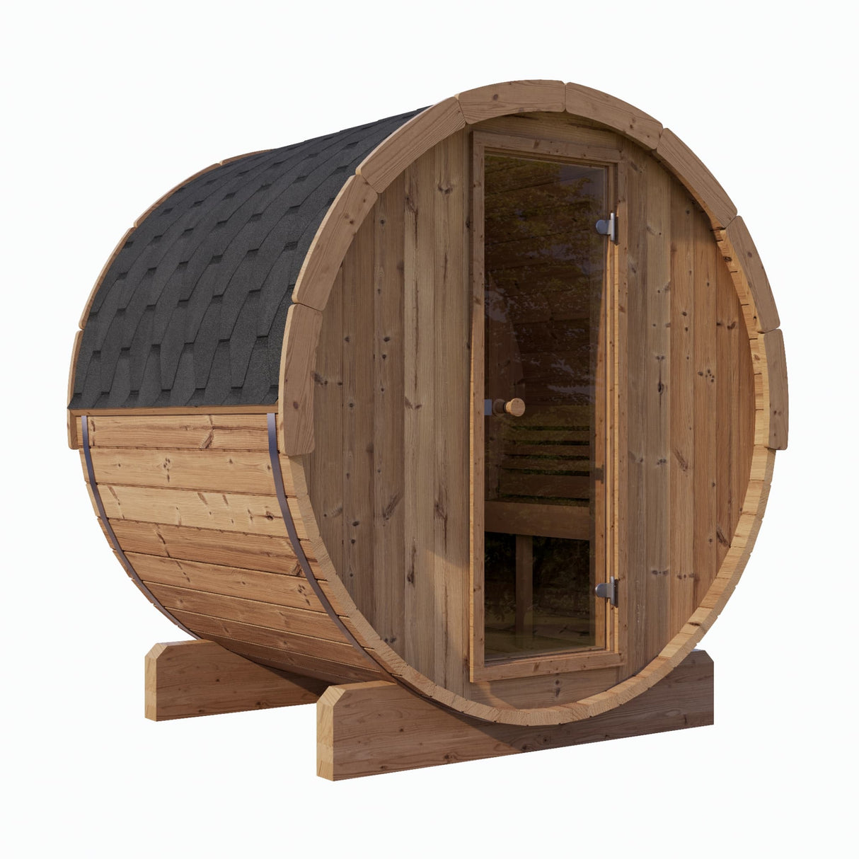 SaunaLife Model E6 3-Person Barrel Sauna front 3/4 view, showing the black shingle roof and tempered glass door.