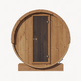 Direct frontal exterior view of the SaunaLife E6 Outdoor Barrel Sauna with the glass door.