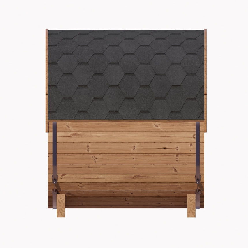 Detailed exterior side view of the E6 Barrel Sauna structure with black shingle roof kit and barrel bands.