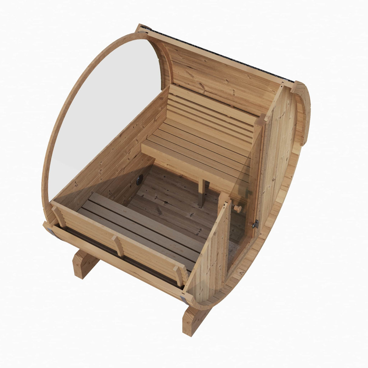 Top-down interior view of the Model E6W benches with the half-moon front glass panel.