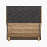 Side profile of the E7 Barrel Sauna structure with the black shingle kit and wooden staves.