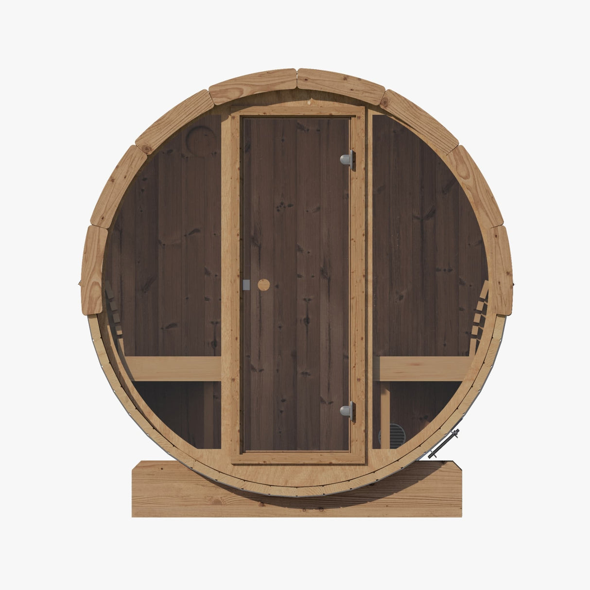 Direct frontal exterior view of the Model E7G with the wood and glass mixed-material door.