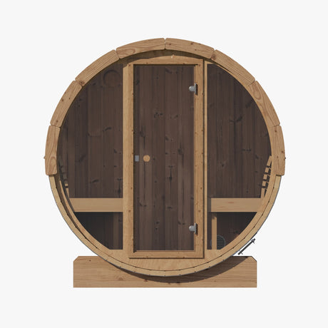 Direct frontal exterior view of the Model E7G with the wood and glass mixed-material door.