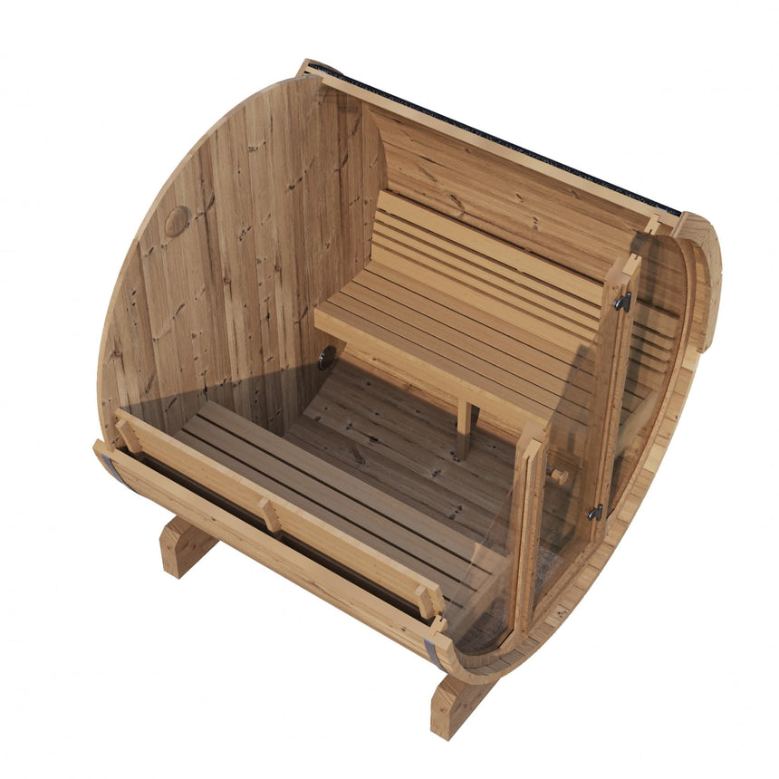 Top-down interior view of the E7G Barrel Sauna showing the curved benches and the full panoramic glass front.