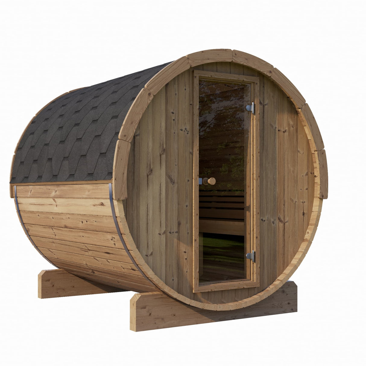 SaunaLife E8 Barrel Sauna exterior view with shingle roof and glass door.