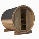 SaunaLife E8 Barrel Sauna exterior view with shingle roof and glass door.